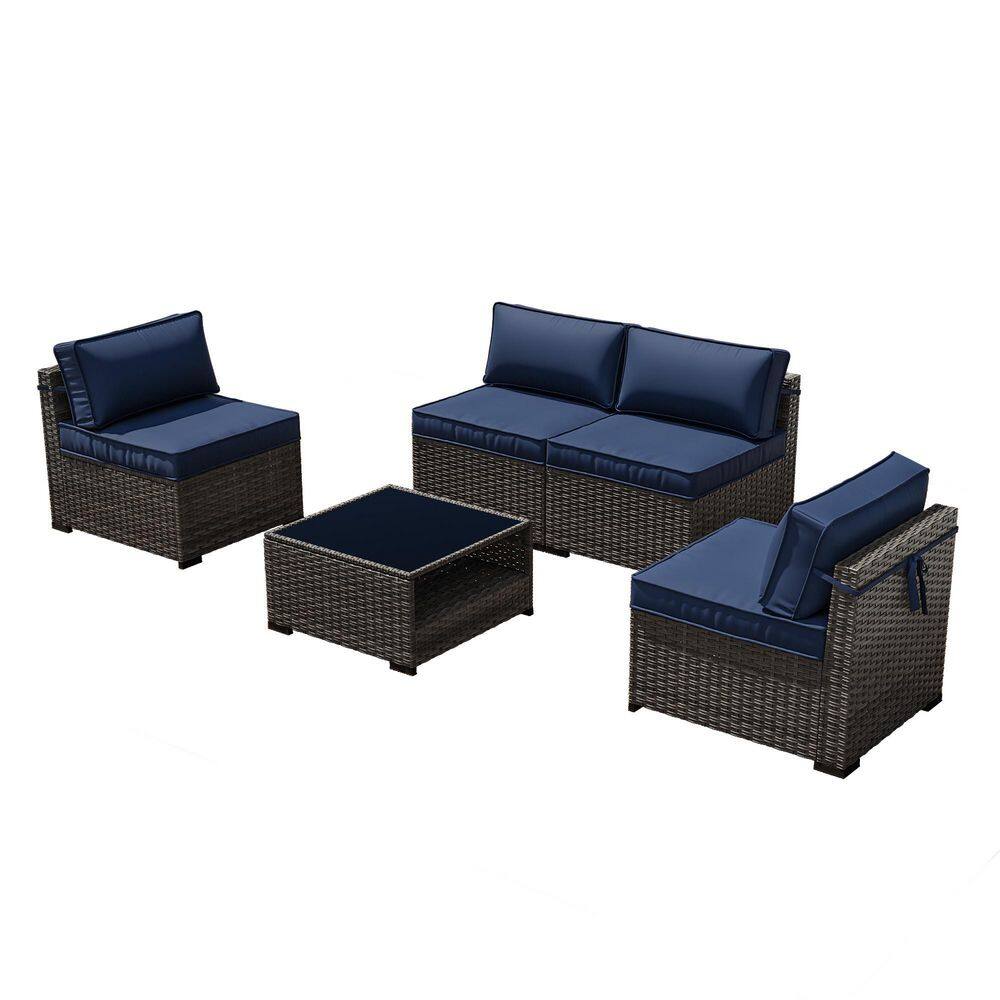 5-Piece Brown Wicker Outdoor Patio Sectional Seating Set with Blue Cushions price history on PriceWatchPro