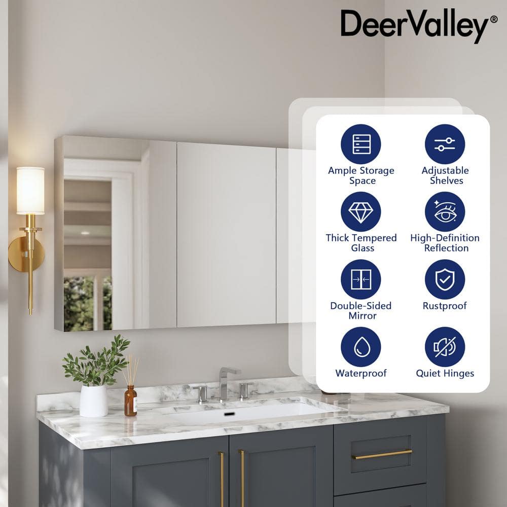 48'' Frameless Mirrored Three-Door Medicine Cabinet with Adjustable Shelves