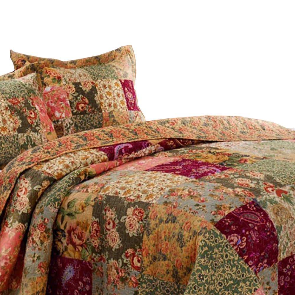 Multicolor Floral Patchwork Queen Microfiber Quilt Set