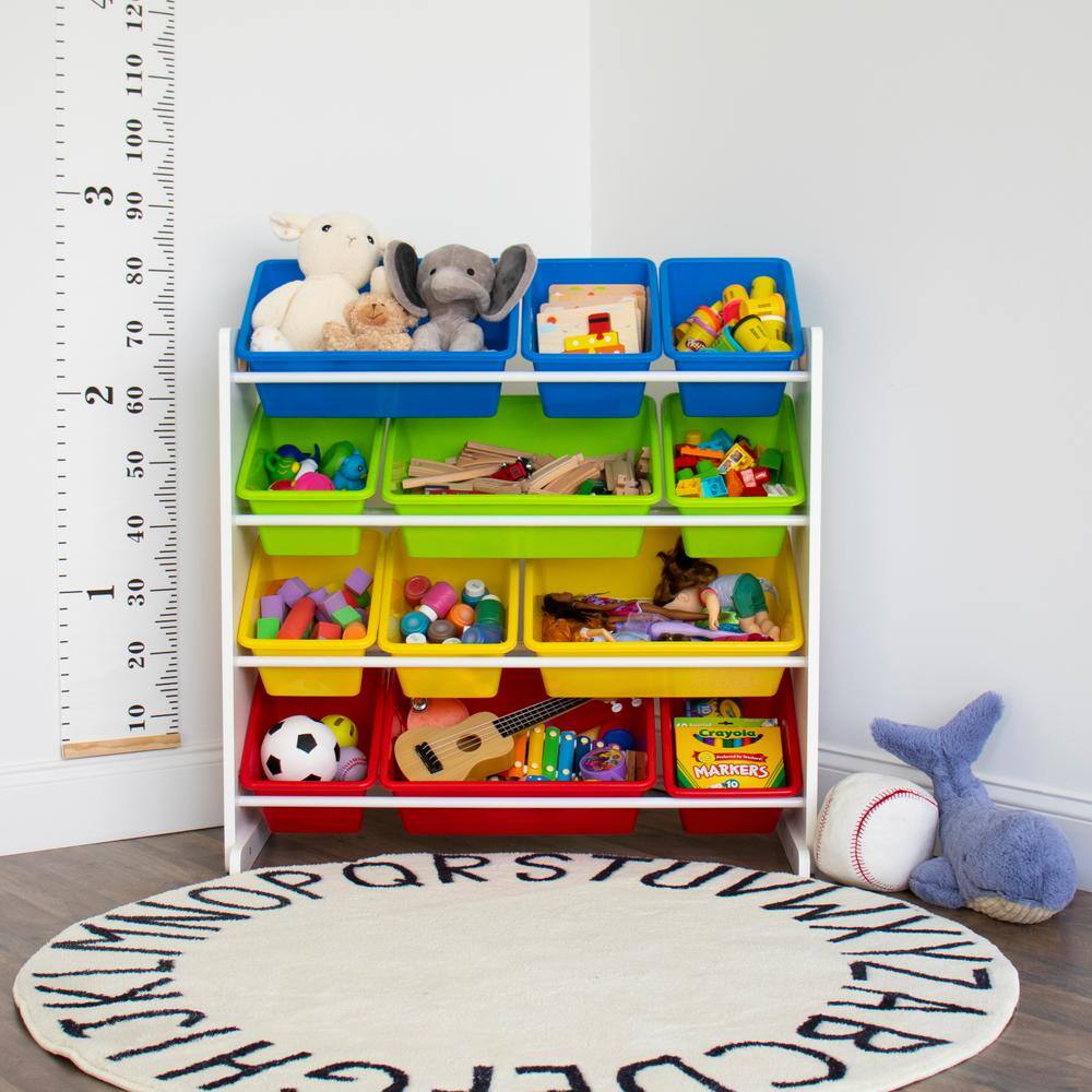 White and Primary Kids' Toy Storage Organizer with 12 Plastic Bins