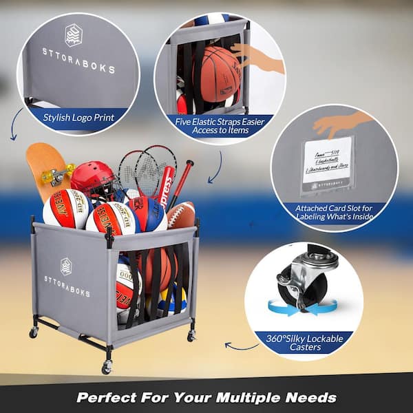 YODOLLA Ball Cart Storage, Rolling Basketball Bin With Wheels For Garage, School, Gym, Sports Equipment And Toy Organizer Indoor & Outdoor