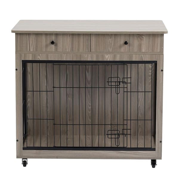 Mis cool Any Furniture Style Dog Crate, Wooden Decorative Dog Kennel with Drawer, Pet Crate End Table for Small Dog in Gray