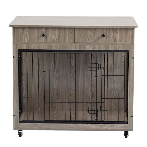 Miscool Any Furniture Style Dog Crate, Wooden Decorative Dog Kennel with Drawer, Pet Crate End Table for Small Dog in Gray