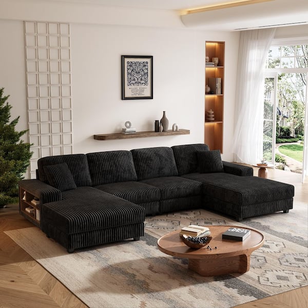 Raventon Modern 137 in. Square Arm Corduroy Fabric Upholstered U-Shaped Sectional Sofa in. Black with Storage Shelves