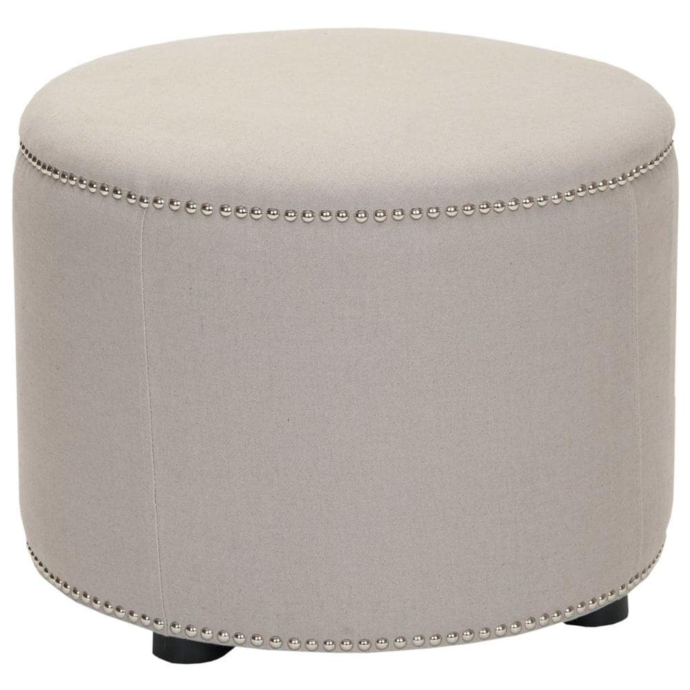 Transitional Round Beige Linen Ottoman with Nailhead Trim