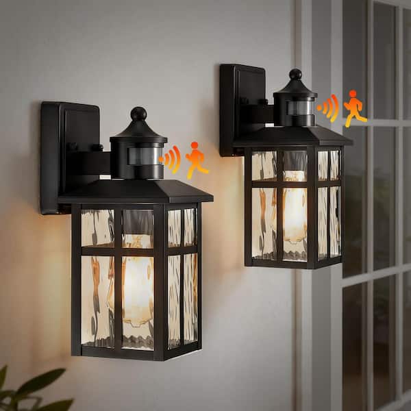 12 in. Matte Black 1-Light Motion Sensing Outdoor Wall Sconce with Dusk to Dawn and Water Wave Glass(2-Pack)