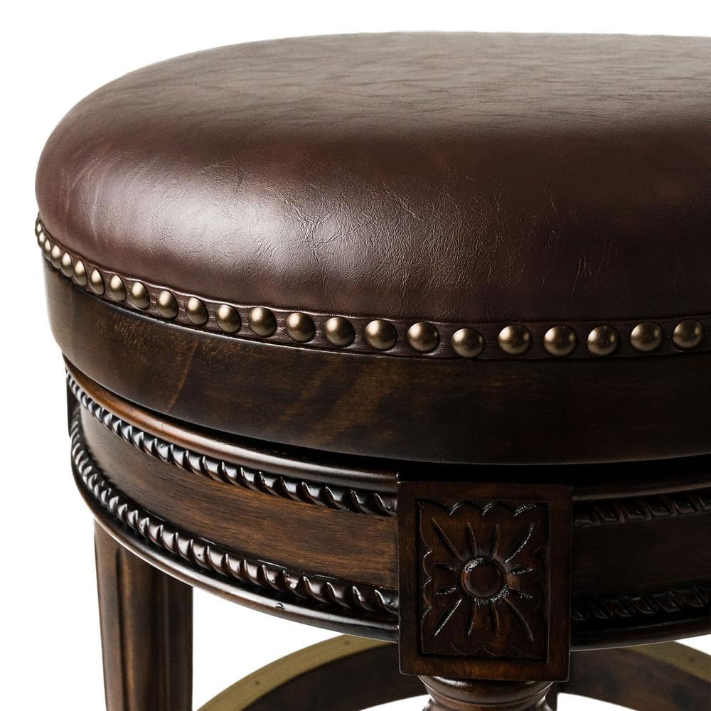 Dark Walnut Backless Swivel Counter Stool with Leather Seat