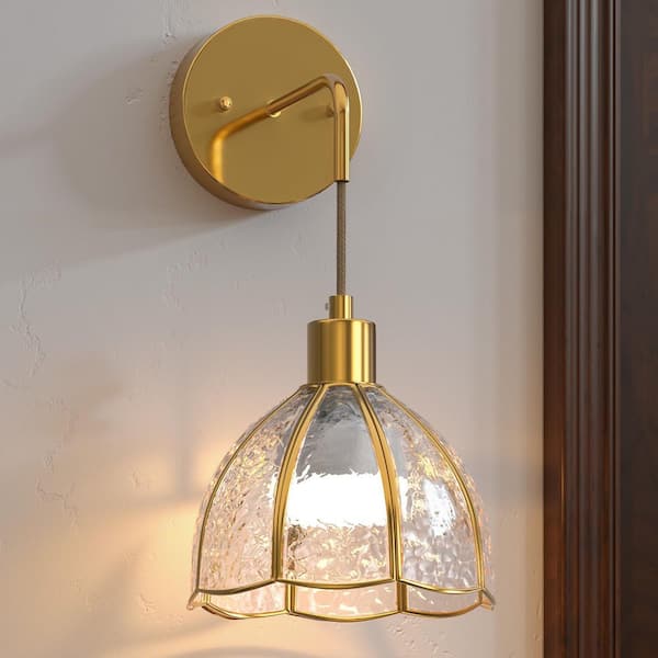 7 in. 1-Light Gold Plug-In Wall Sconces with Clear Dome Glass, RGBCW Remote Dimmable Indoor Lights for Bedroom, 2-Pack