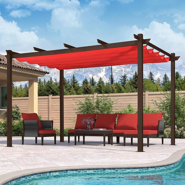 PURPLE LEAF 10 ft. x 13 ft. Bronze Aluminum Frame Outdoor Patio Pergola Gazebo with Red Retractable Sun Shade Canopy for Porch