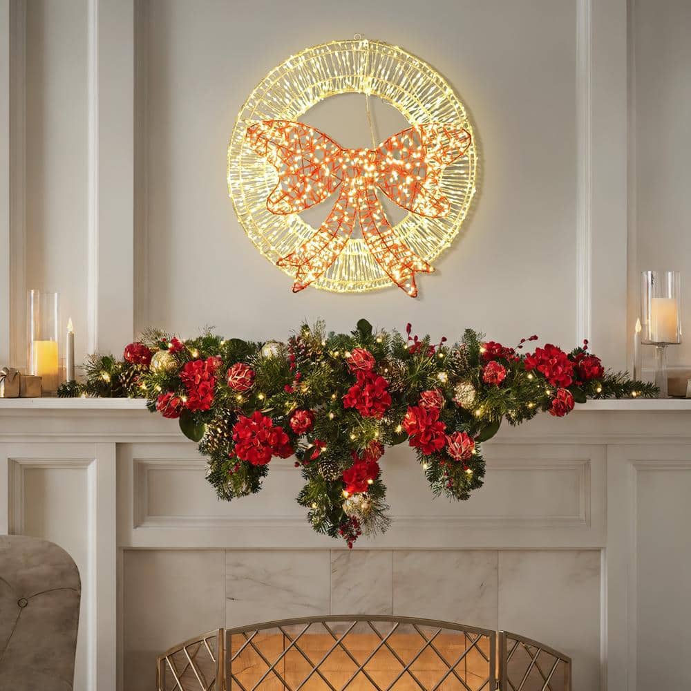 1.6-Foot Gold LED Christmas Wreath with Red Light Bow