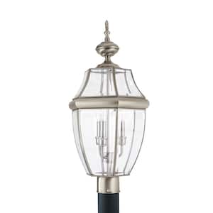 Lancaster 3-Light Outdoor Antique Brushed Nickel Post Light with Dimmable Candelabra LED Bulb