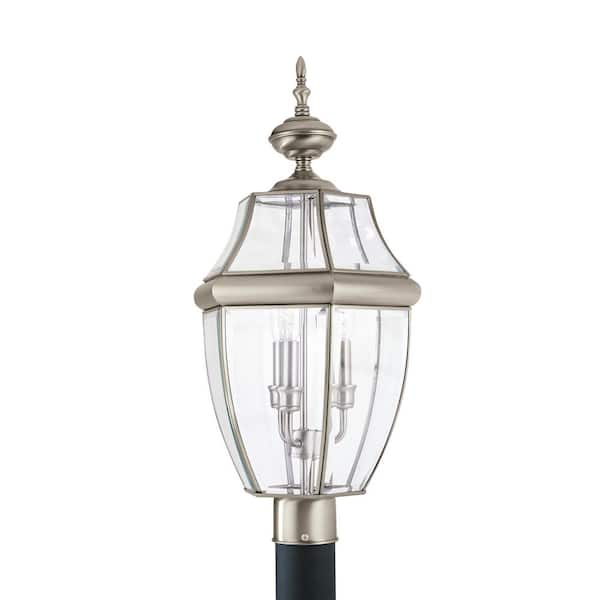 Generation Lighting Lancaster 3-Light Outdoor Antique Brushed Nickel Post Light with Dimmable Candelabra LED Bulb