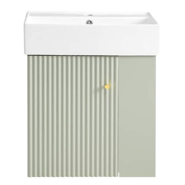 21.6 in. Single Sink Floating Green Small Bath Vanity with White Ceramic Top and Soft Close Door
