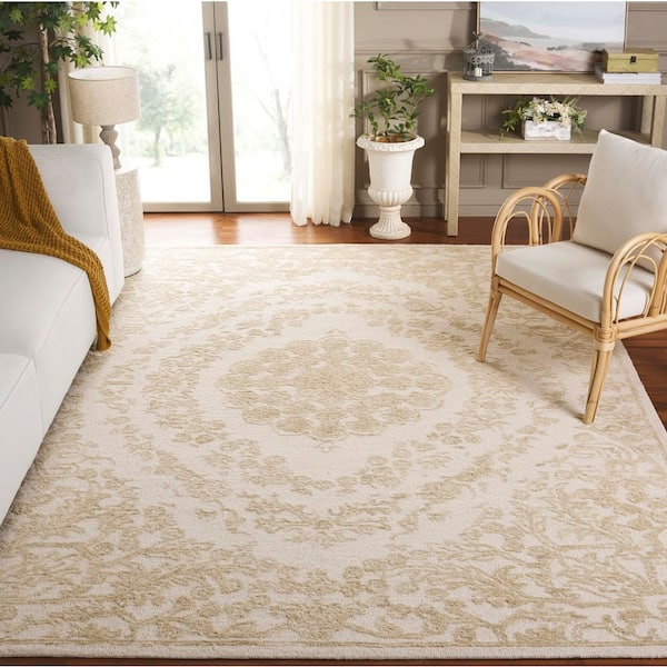Ebony 8 ft. x 10 ft. Ivory/Light Green Floral Ornate Border Area Rug