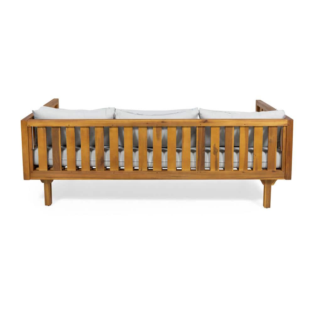 Teak Brown Acacia Wood Daybed with Light Gray Cushions