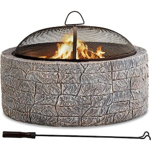 26 in. Outdoor Stone Wood Burning Fire Pits with Steel Mesh Spark Screen and Fire Poke