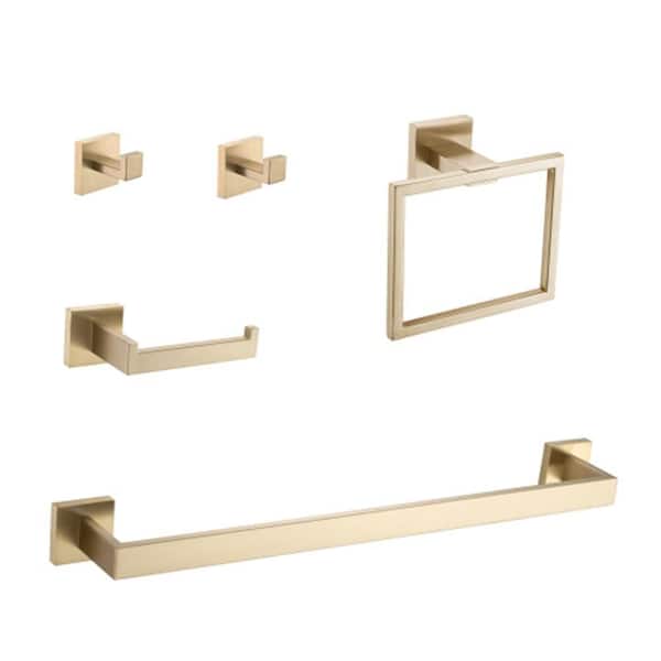 Adrinfly 5-Piece Bathroom Hardware Set with Towel Bar, Ring, Hook, Holder and Paper Rack for Home Decor in Brushed Gold