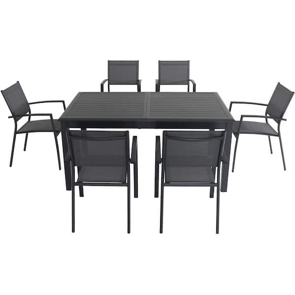 Hanover Cameron 7-Piece Aluminum Outdoor Dining Set with 6 Sling Dining Chairs and an Expandable Table