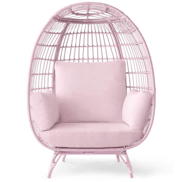 Oversized Egg Wicker Indoor Outdoor Lounge Chair with Pink Cushions, Steel Frame, 440 lbs. Capacity