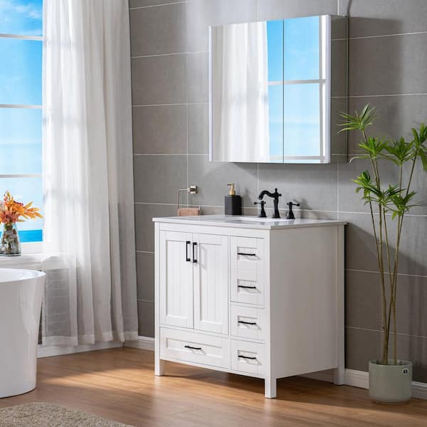 35.88 in. W x 22 in. D Single Sink Freestanding Bath Vanity in White with Rubberwood Cabinet and Stone Vanity Top