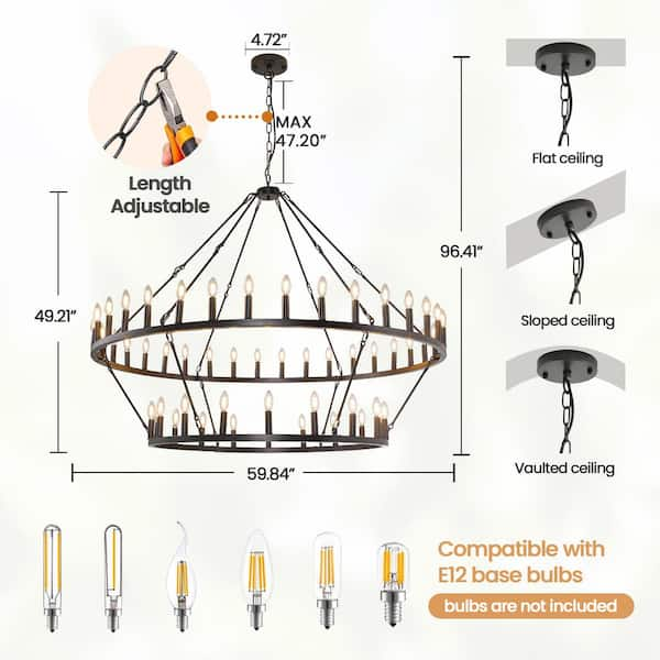 60 in. 54-Light 2-Tier Black Extra Large Farmhouse Wagon Wheel Loft Retro Round Chandelier for Living Room Foyer Bar