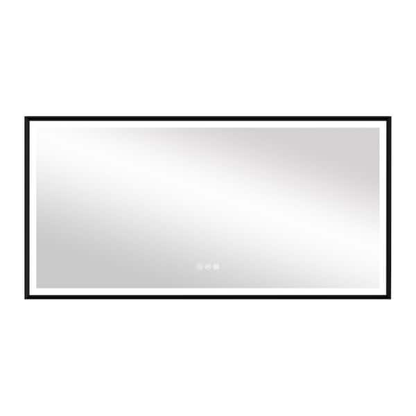 72 in. W x 36 in. H Rectangular Framed Wall LED Bathroom Vanity Mirror in Matte Black, Dimmable, Backlit and Frontlit