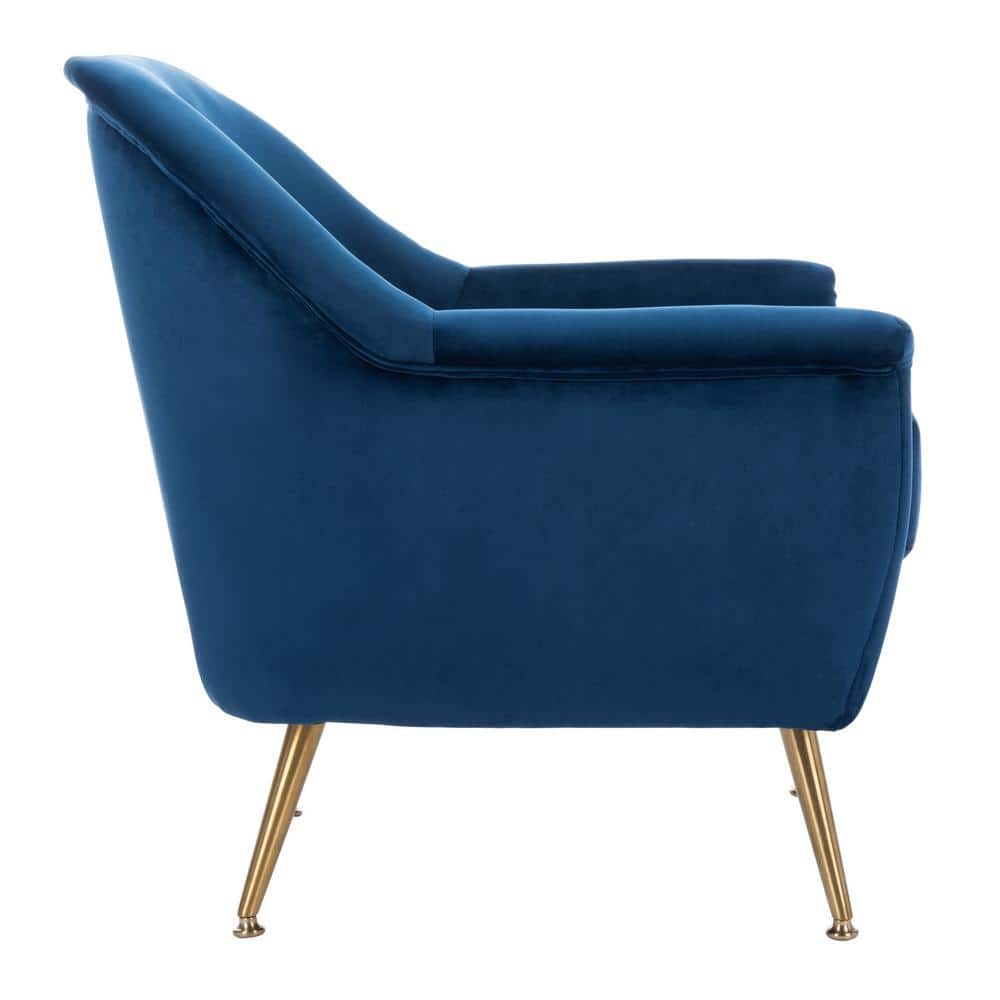 Luxurious Navy Velvet Wood Accent Arm Chair with Brass Legs