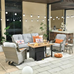 Tulip D Gray 5-Piece Wicker Patio Storage Fire Pit Conversation Set with Swivel Rocking Chairs and Gray Cushions