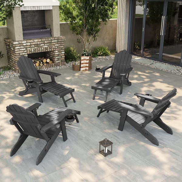 Black Folding Adirondack Chair with Retractable Ottoman Fire Pit Patio Chair with Cup Holder (4-Pack)