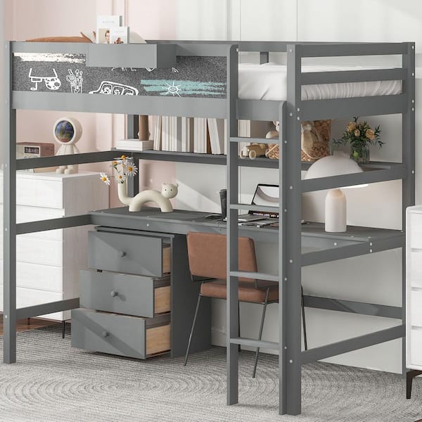 Polibi Gray Twin Size Wood Loft Bed with Desk, Blackboard, Storage Box, Shelf and 3 Drawers