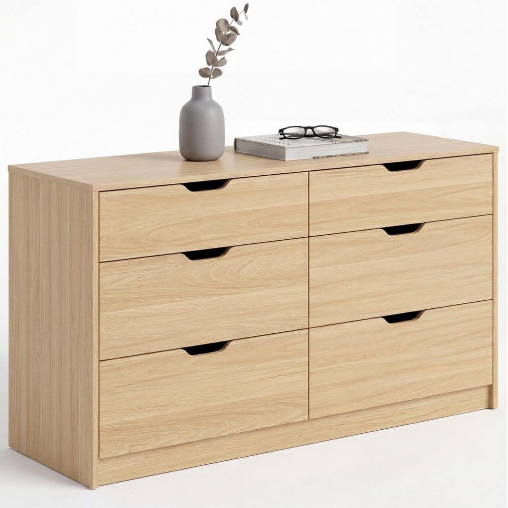 47.24"W 6-Drawer Dresser, 2 Small Top & 4 Large Drawers, Handleless Storage Chest, Natural Oak