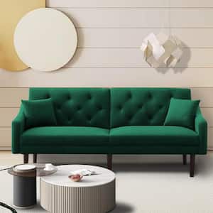 72.8 in. W Square Arm Velvet 2-Seat Straight Reclining Sofa with 2-Pillows in Green