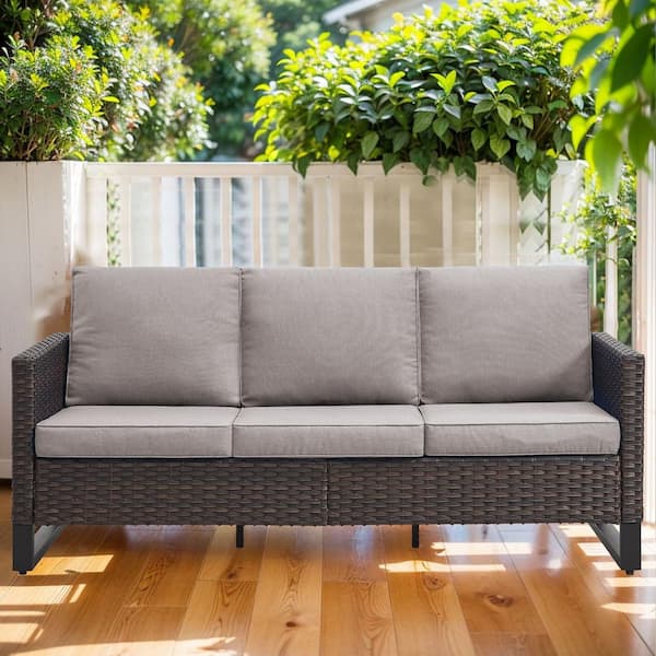 Gymojoy Valenta Brown Wicker Outdoor Couch with Gray Cushions