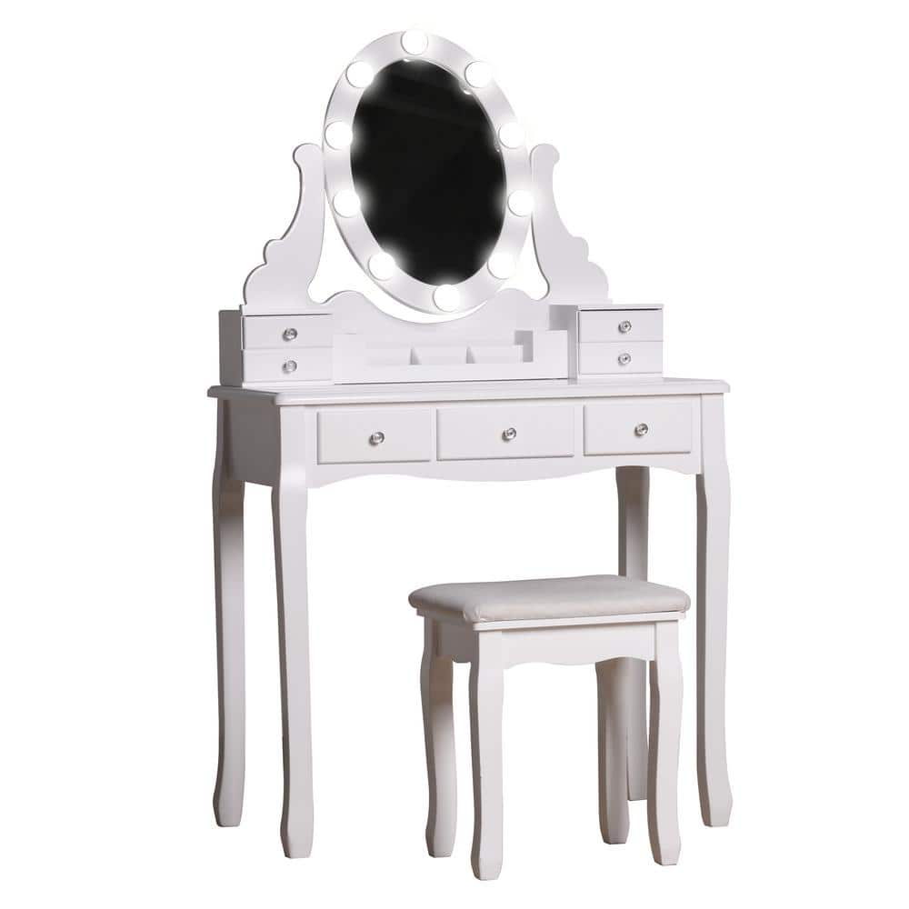 White Wooden Bedroom Vanity Sets Makeup Table With Oval Led Light Mirror And Stool Szt007 The Home Depot