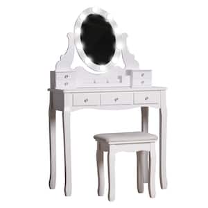 White Wooden Bedroom Vanity Sets Makeup Table With Oval LED Light Mirror and Stool