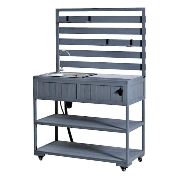 41.7'' Gray Large Garden Potting Bench with Stainless Table Top, 2 Movable Shelves and 1 Bottle Opener