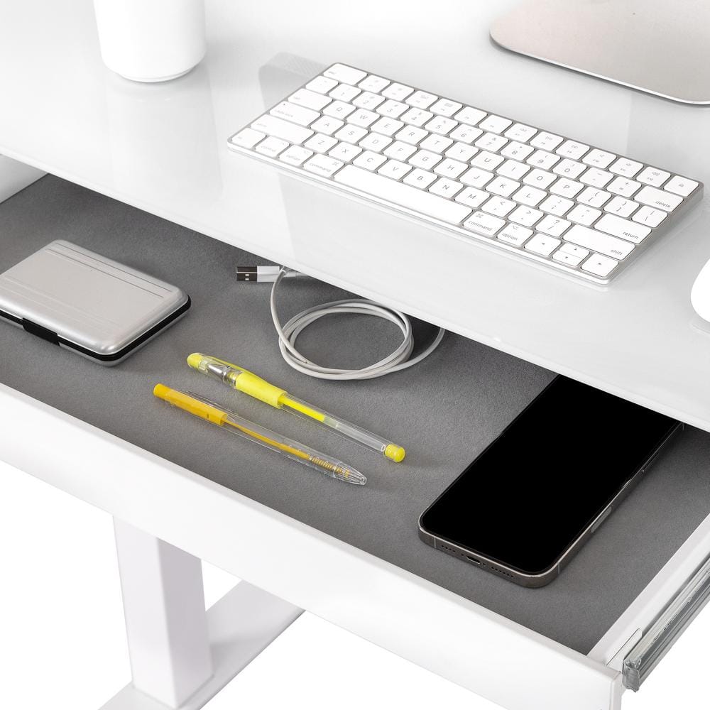 White Adjustable Height Glass Standing Desk with USB Ports and Drawer
