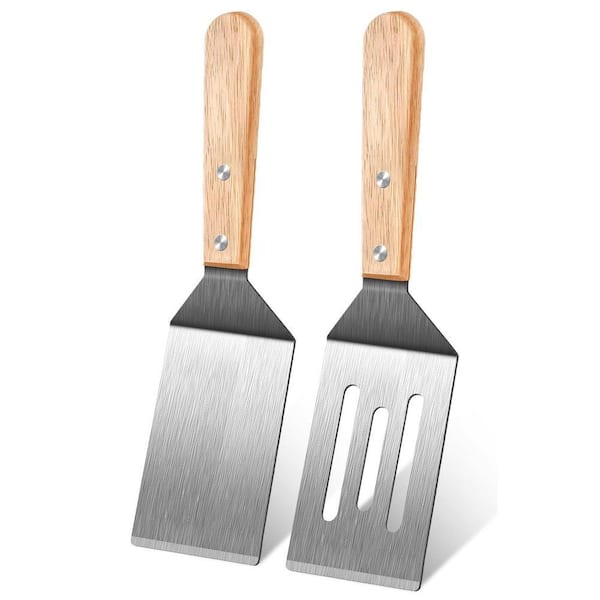 Stainless Steel Finish Metal Spatula Set with Wooden Heat Resistant Handle for Kitchen Cooking Flipping 2-Piece