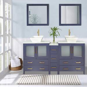 Ravenna 84 in. W Double Sink Bathroom Vanity in Blue with Engineered Marble Top in White and Mirror
