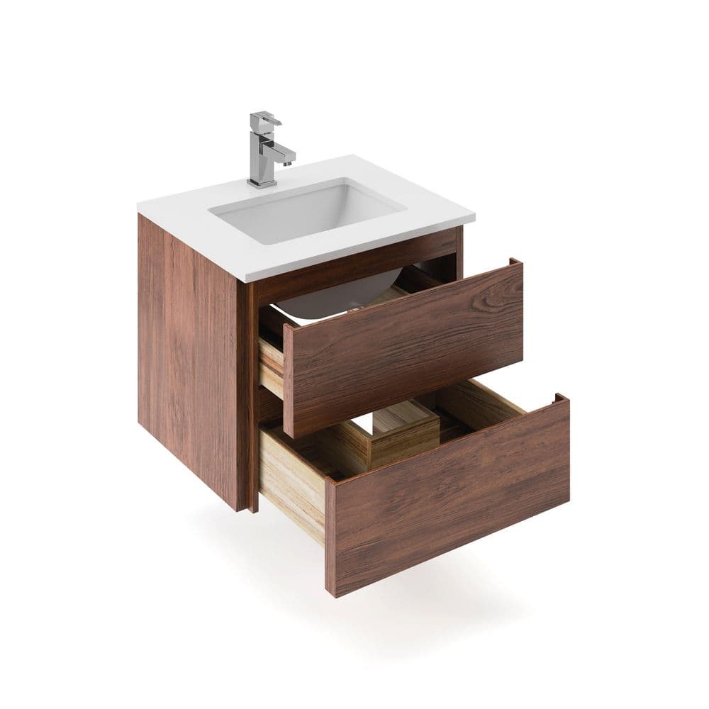 Formosa Warm Walnut Wall Mount Single Sink Vanity with Quartz Top
