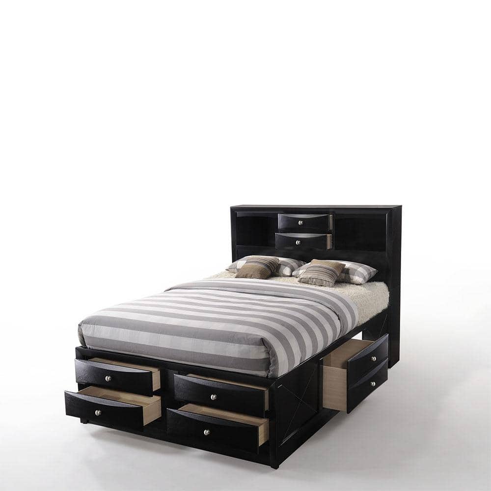 Transitional Black Queen Storage Bed with Nickel Accents and Bookcase Headboard