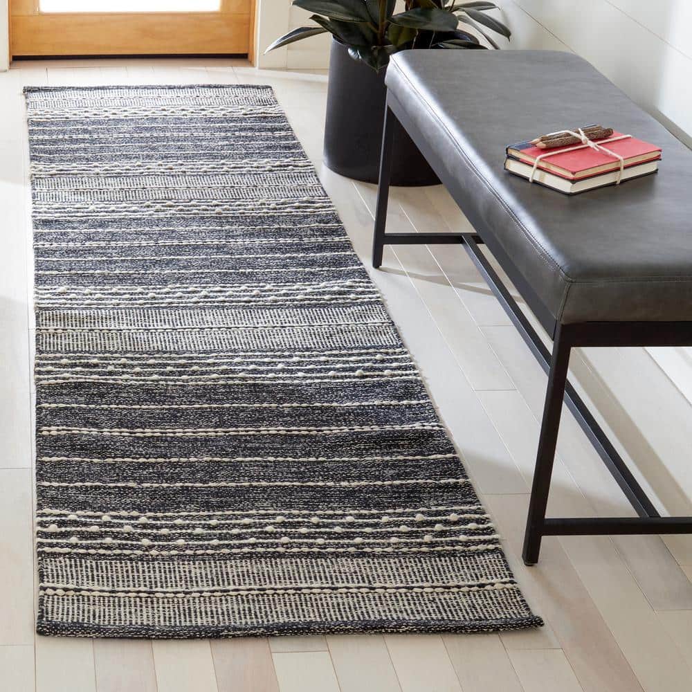 Black and Ivory Striped Wool Cotton Runner Rug
