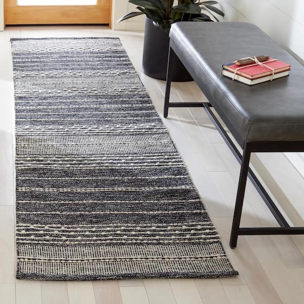 Striped Kilim Black Ivory 2 ft. x 9 ft. Striped Runner Rug