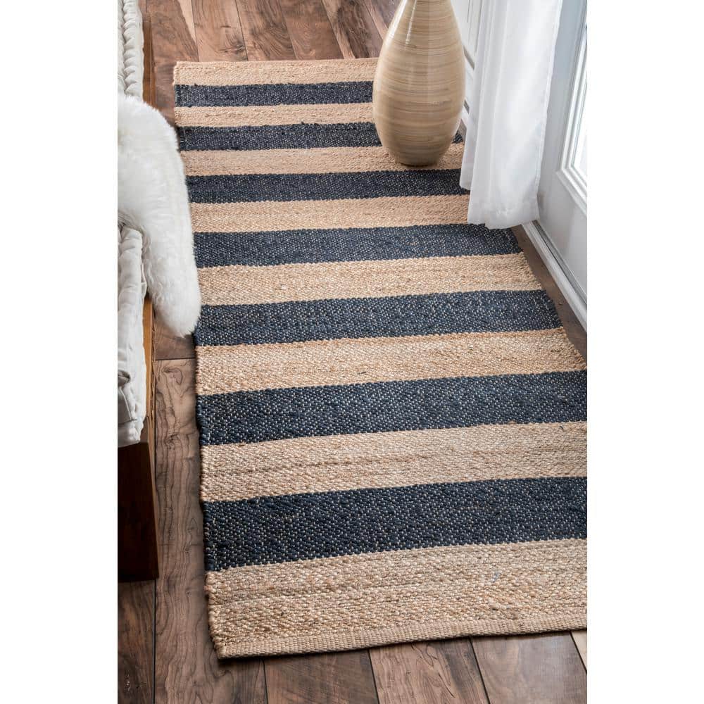 Alisia Denim and Beige Flatweave Jute Runner Rug, 2' 6" x 6'