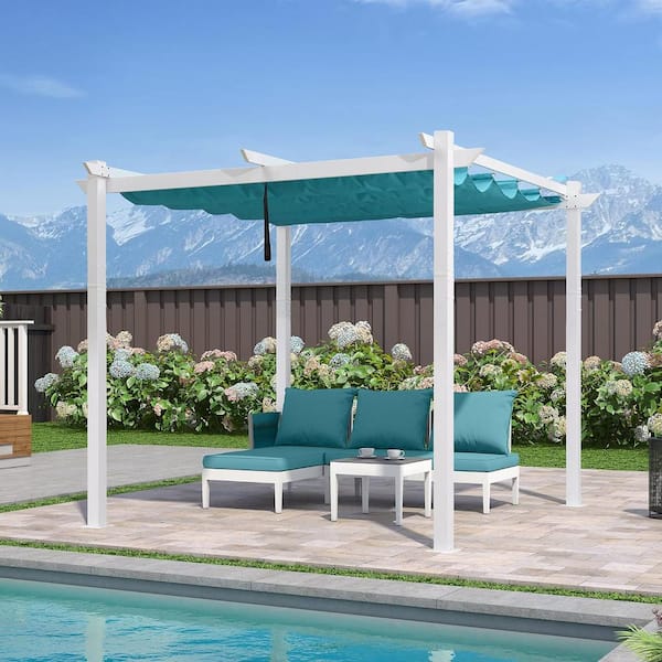 PURPLE LEAF 10 ft. x 10 ft. Blue Aluminum Outdoor Retractable White Frame Pergola with Sun Shade Canopy Cover