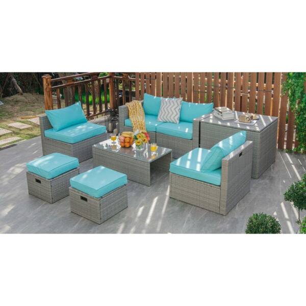 8-Piece Patio Rattan Metal Patio Conversation Set with Cushions in Turquoise and Storage Table