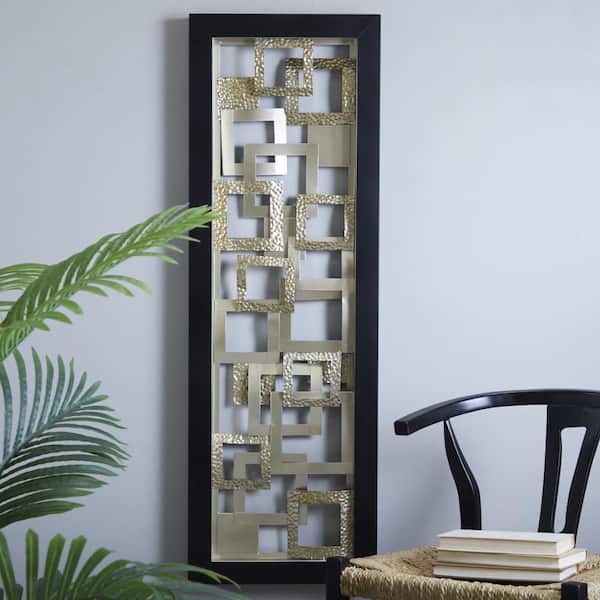 Litton Lane 16 in. x  48 in. Metal Gold Square Ribbon Geometric Wall Decor with Black Frame