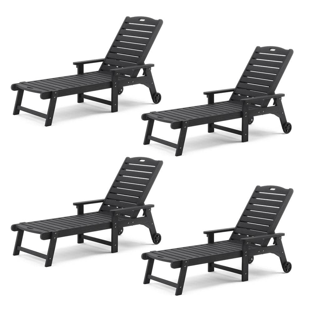 LUE BONA Helen Black Recycled Plastic Ply Adjustable Outdoor Reclining Chaise Lounge Chairs With