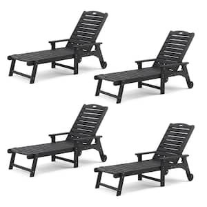 Helen Black Recycled Plastic Ply Adjustable Outdoor Reclining Chaise Lounge Chairs With Wheels for Poolside (Set of 4)