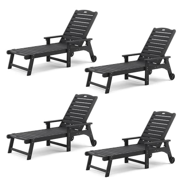 LUE BONA Helen Black Recycled Plastic Ply Adjustable Outdoor Reclining Chaise Lounge Chairs With Wheels for Poolside (Set of 4)